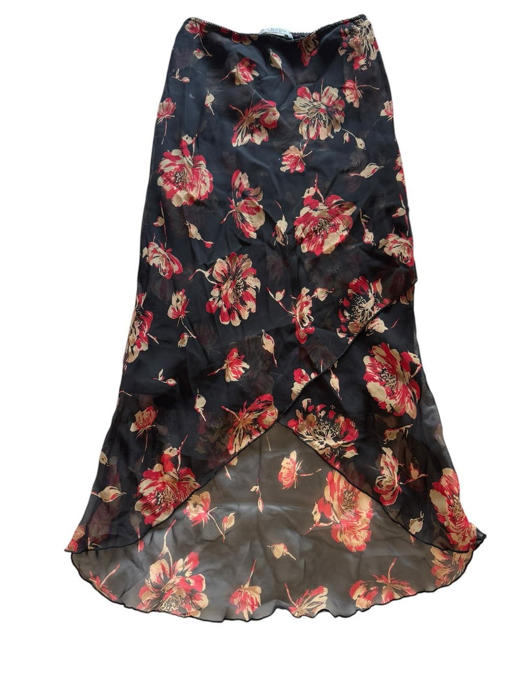 La Belle Black Midi Dress with Red and Cream Floral Print